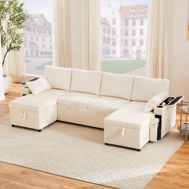 Divano modulare a U convertibile con contenitore portabicchieri e cuscini in ciniglia e velluto beige 272 × 131 × 84 cm