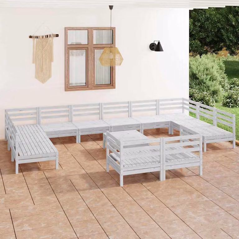 vidaXL Set Salotto da Giardino a L in Legno di Pino Bianco con Cuscini, 13 Pezzi