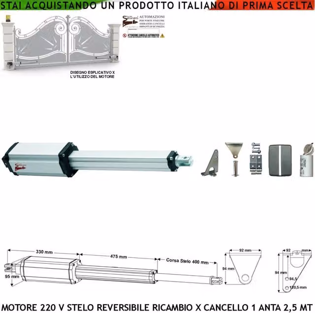 Motore Elettromeccanico Per Cancello Battente Anta da 2,5 Metri Stelo Retrattile Reversibile Corsa 400 mm 230 V Spinta 250 Kg Ricambio Universale Automazione Securvera Completo di Staffe e Bulloni