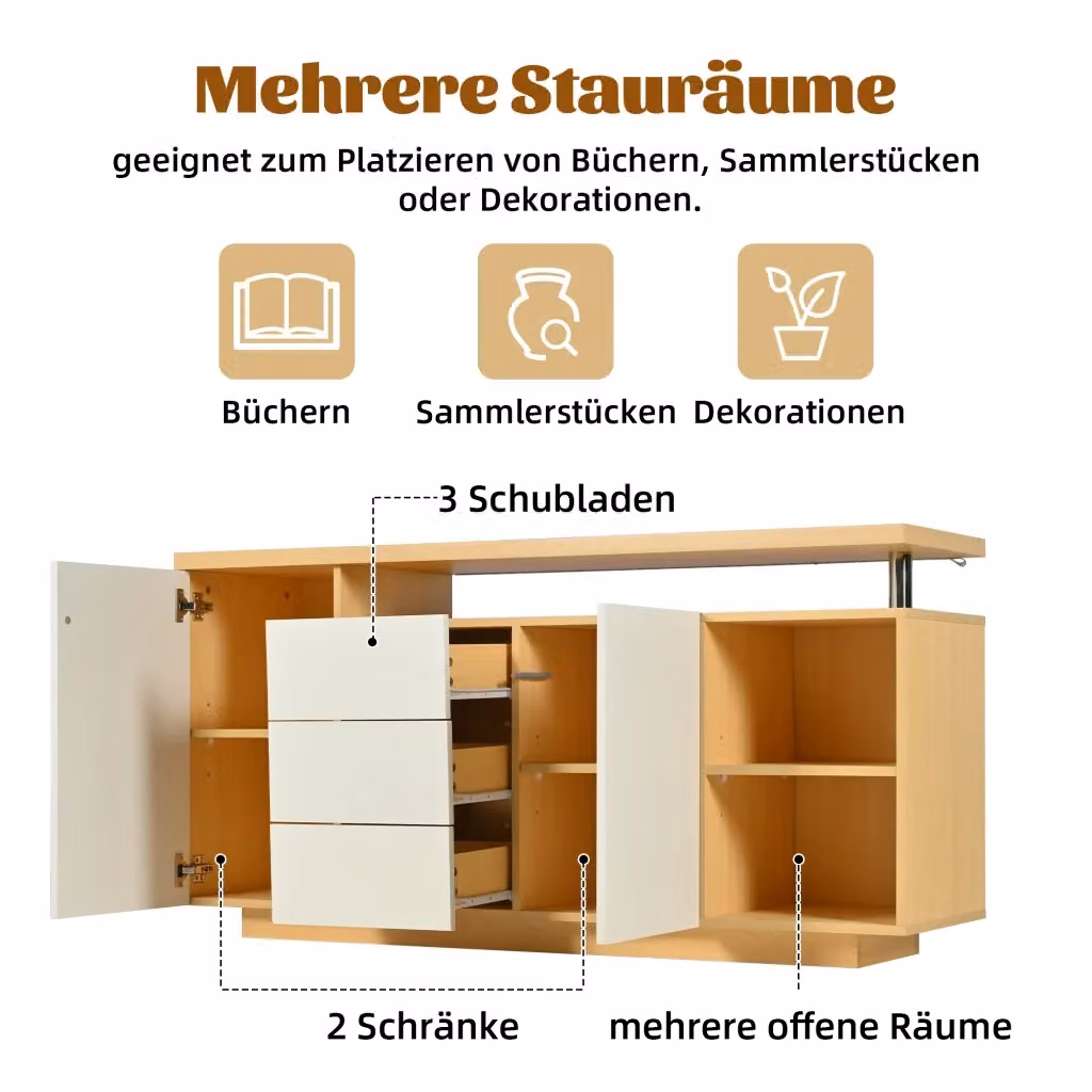 Madia moderna REDOM in MDF bianco e beige con finitura rovere, dotata di illuminazione LED integrata, ideale per soggiorno o sala da pranzo, L: 140 cm – 2