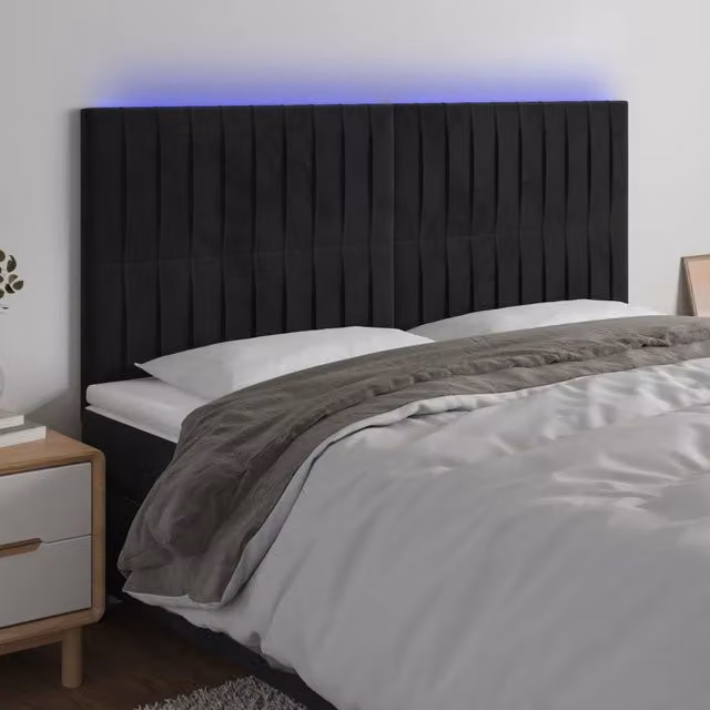 Testiera con LED Design Mania in Velluto Nero con Porte USB, L: 160 cm, P: 5 cm, H: 118/128 cm – 1