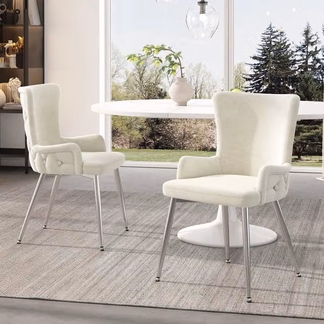 Set di 2 sedie da pranzo in velluto con gambe in metallo; beige e argento