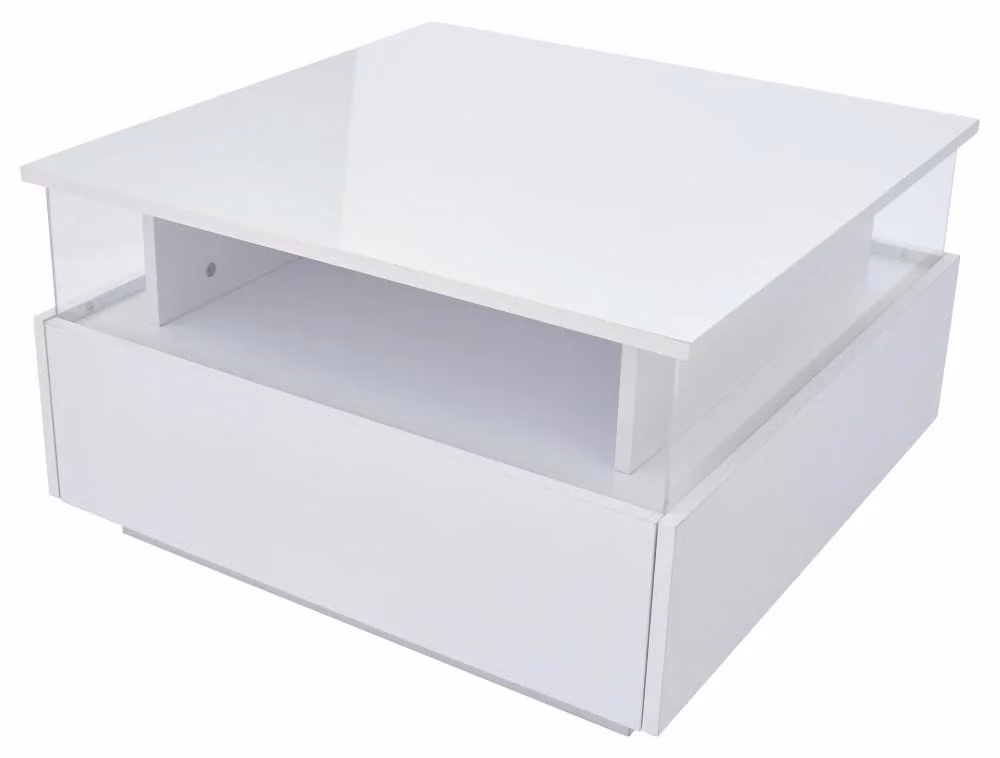 Tavolino da caffè - Design moderno con illuminazione LED - Superficie lucida - 2 cassetti - Area espositiva trasparente - Portata massima: 30 kg - Dimensioni: 70 x 70 x 41 cm - Bianco
