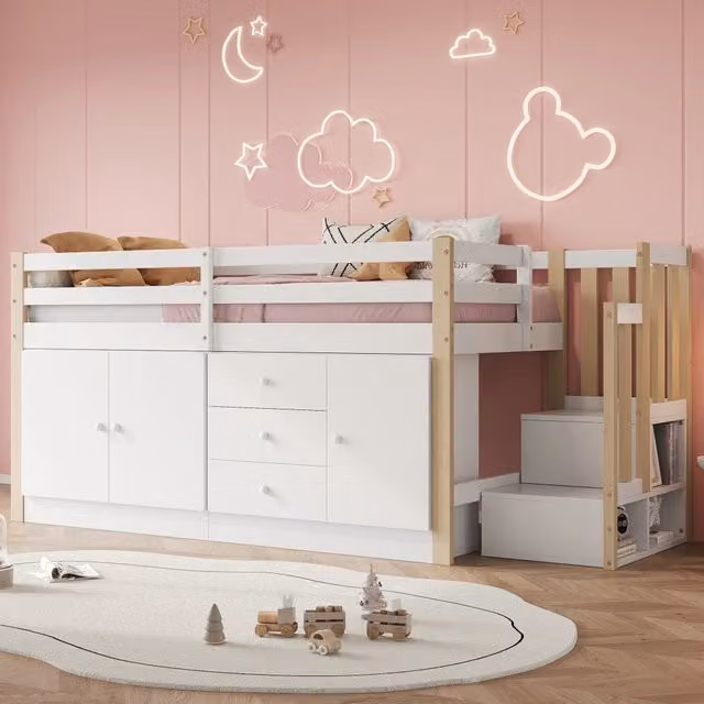 Letto alto per bambini 90x200 cm multifunzionale con scala, cassetti, 2 armadi contenitore e stendibiancheria - Bianco, senza materasso