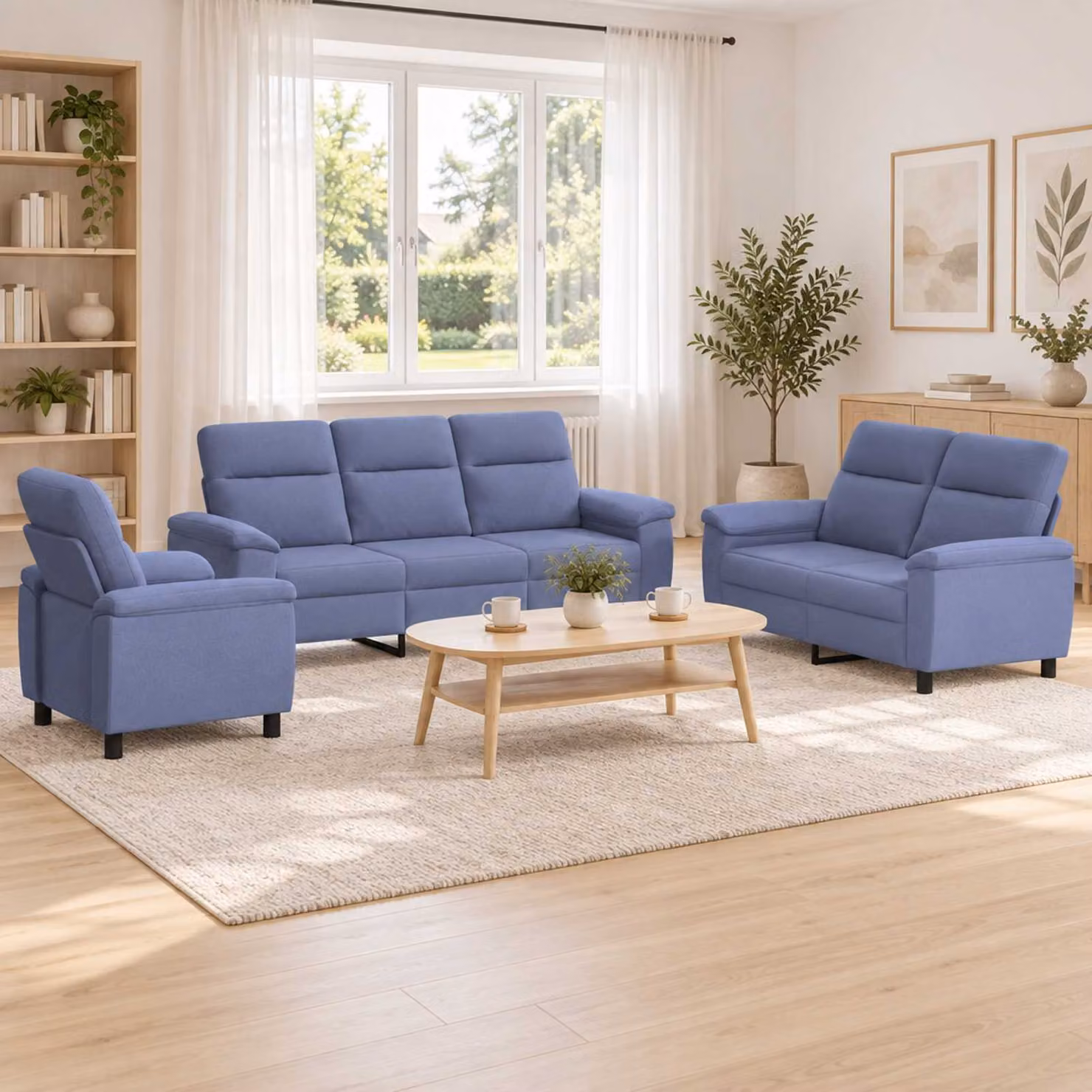 Set di 3 divani moderni vidaXL in tessuto blu con struttura in metallo per il tuo soggiorno