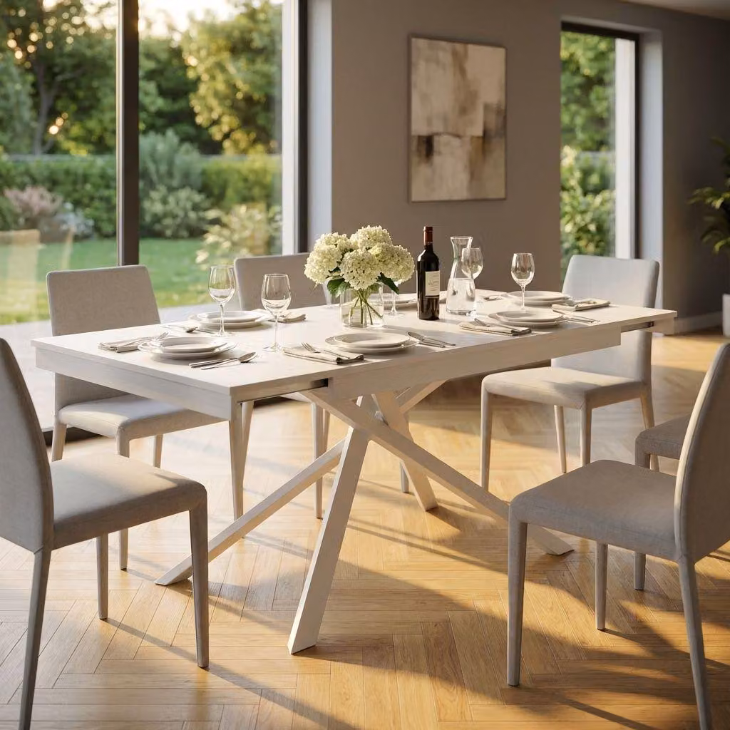 Milani Home - tavolo da pranzo allungabile 140-200 x 80 x 77 cm, bianco, stile industrial