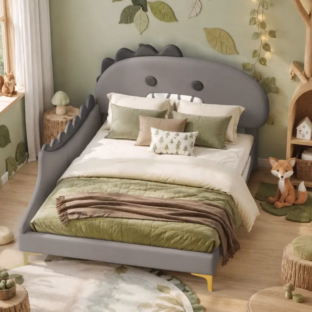 Letto per bambini REDOM a forma di casetta con struttura imbottita in ecopelle grigia, L/P/H: 209 x 140 x 110 cm – 2