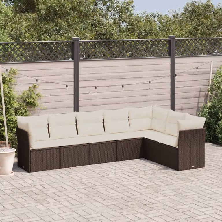 Set di divani da giardino vidaXL a forma di L composto da 7 pezzi in polyrattan marrone con cuscini bianchi e coperture rimovibili
