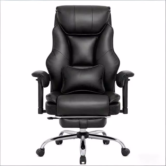 Sedia da ufficio ergonomica Chicfurn nera con poggiatesta, braccioli e poggiapiedi, girevole a 360 gradi in ecopelle, L: 51.75 cm, P: 71.0 cm, H: 71.0 cm
