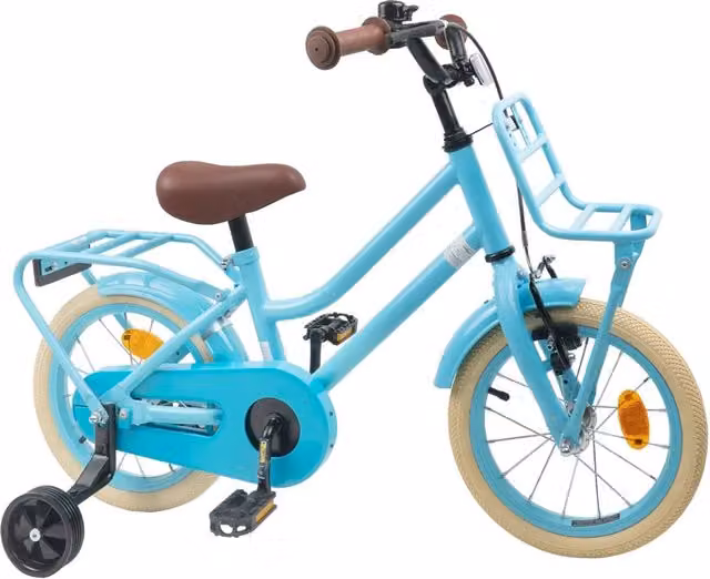 Bicicletta per bambini da 14 pollici blu con struttura in metallo e pneumatici in gomma