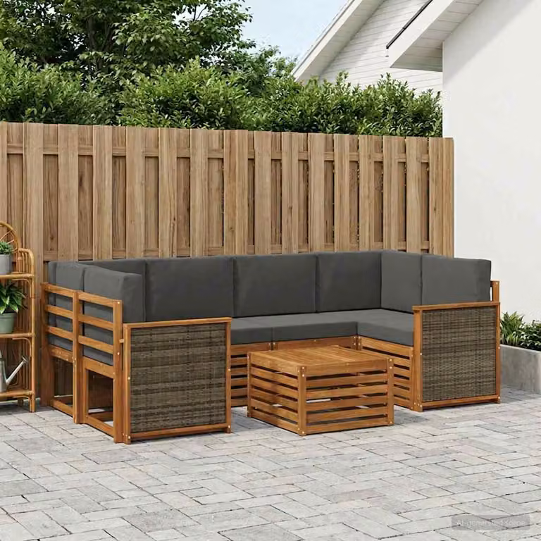 Set di divani da esterno vidaXL 7 pz in legno di acacia con tavolo da caffè, forma a L, colori beige e antracite