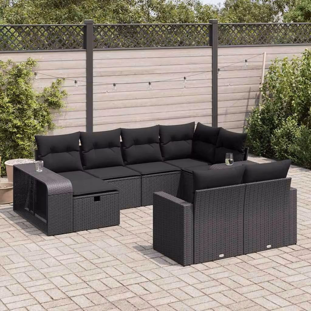 Set di divani da giardino vidaXL a forma di U composto da 10 pezzi con cuscini neri e struttura in metallo e rattan