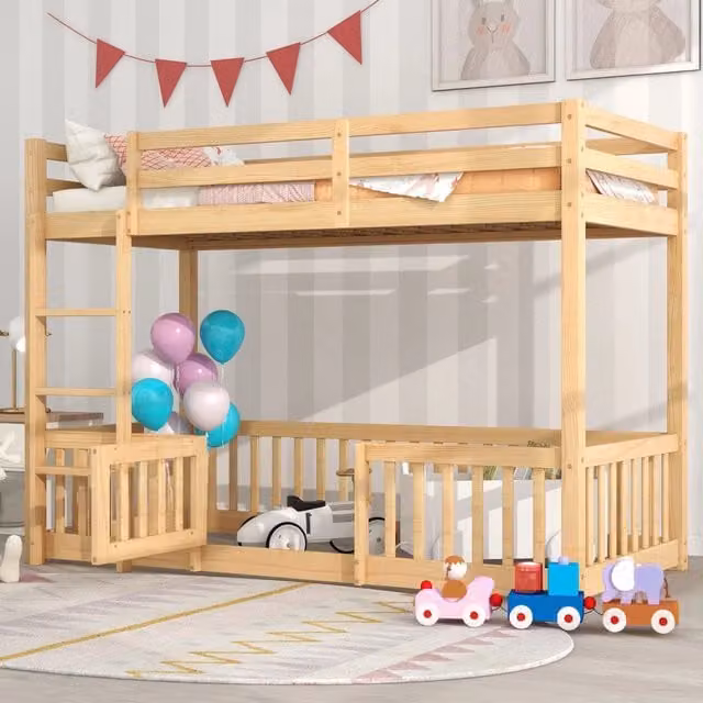 Letto a soppalco singolo 90 × 200 cm con scala ad angolo, barriere e porta, senza materasso, legno naturale