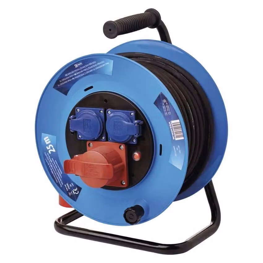 EMOS Cavo di prolunga per esterni su tamburo 25 m / 3 prese / nero / gomma / 230V/400V / 1,5 mm2, P193250