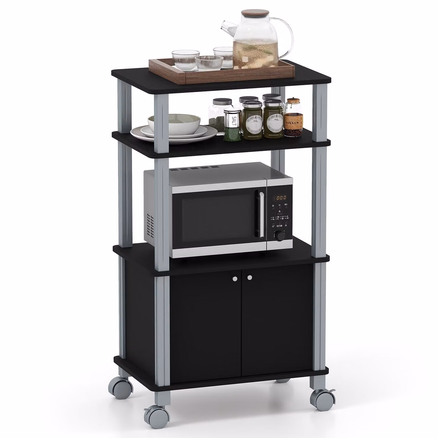 COSTWAY Scaffale da cucina per microonde, scaffale per microonde su rotelle, scaffale da appoggio per cucina, carrello da cucina laterale scaffale domestico nero