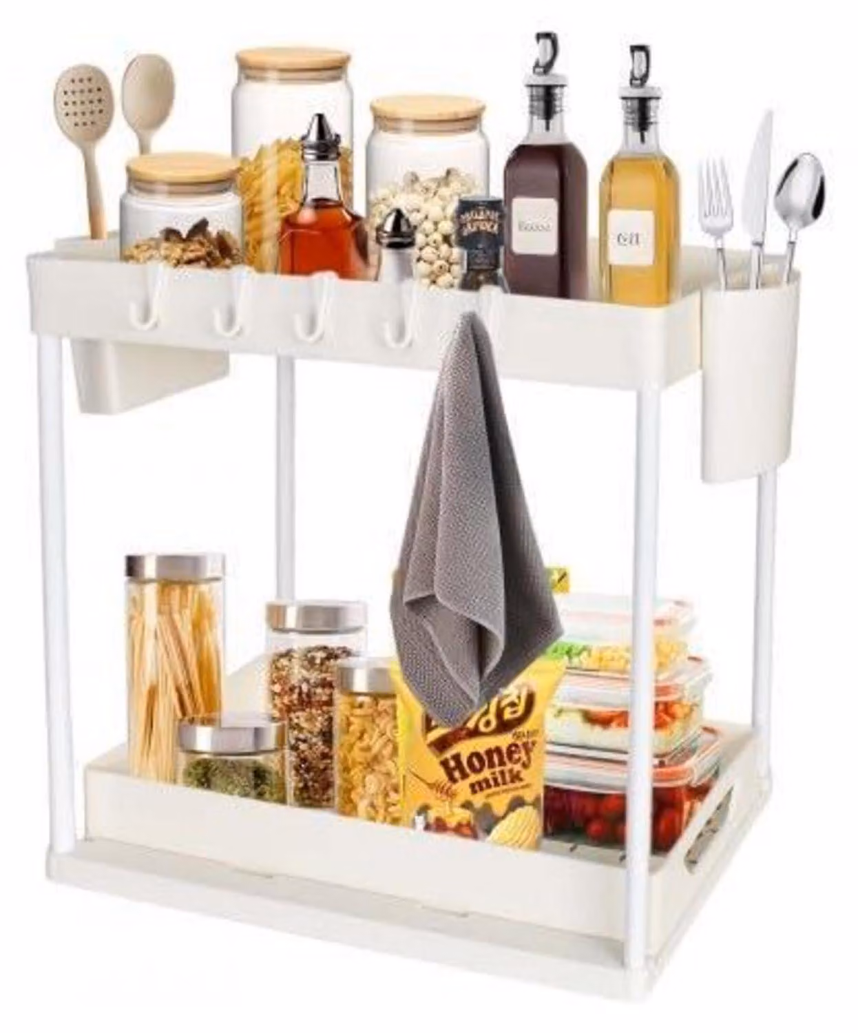 Ripiano per cucina, 2 livelli, scaffale autoportante, bianco, in plastica ABS, con cassetto