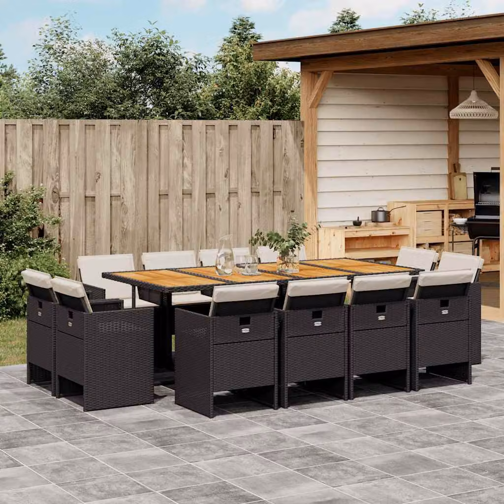 vidaXL Set da Pranzo da Giardino 13pz in Polyrattan con Tavolo in Legno di Acacia e Cuscini Nero, Marrone e Bianco – 1