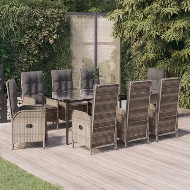 Set da Pranzo da Giardino Moderno vidaXL in Polyrattan con Cuscini Nero e Grigio, 9 Pezzi – 1