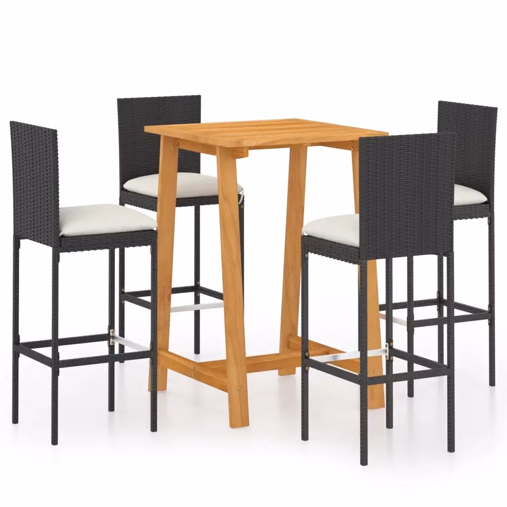 Set da Bar da Giardino vidaXL in Polyrattan e Legno di Acacia con 5 Pezzi e Cuscini Nero – 2