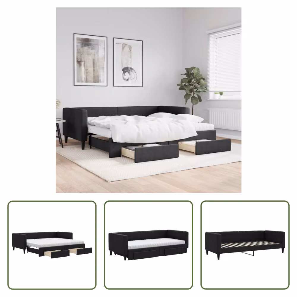 The Living Store Letto allungabile con cassetti nero 90x200 cm tessuto