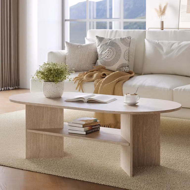 Tavolino da caffè, tavolino ausiliario, forma ovale, legno e travertino, dimensioni 120 x 60 x 40 cm, a due piani
