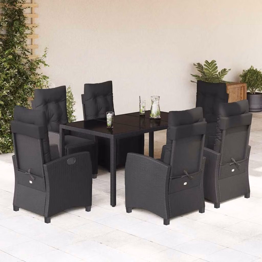 Set da Pranzo da Giardino vidaXL 7 pz in Polyrattan Nero con Piano in Vetro – 1