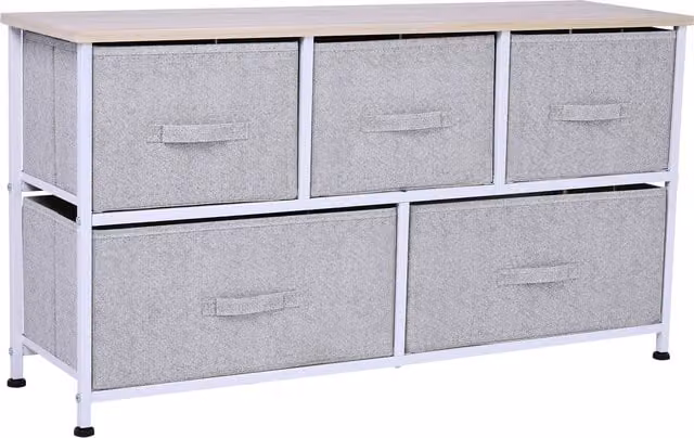 Cassettiera HOMCOM con 5 cassetti per camera da letto in metallo e MDF, Grigio, L 100 x P 30 x H 54 cm