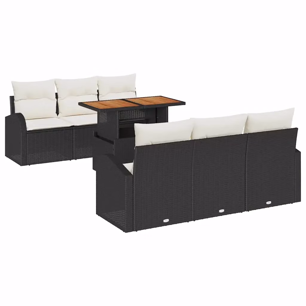 Set Divano da Giardino vidaXL in Rattan e Legno di Acacia, 7 Pezzi, Nero e Beige – 2