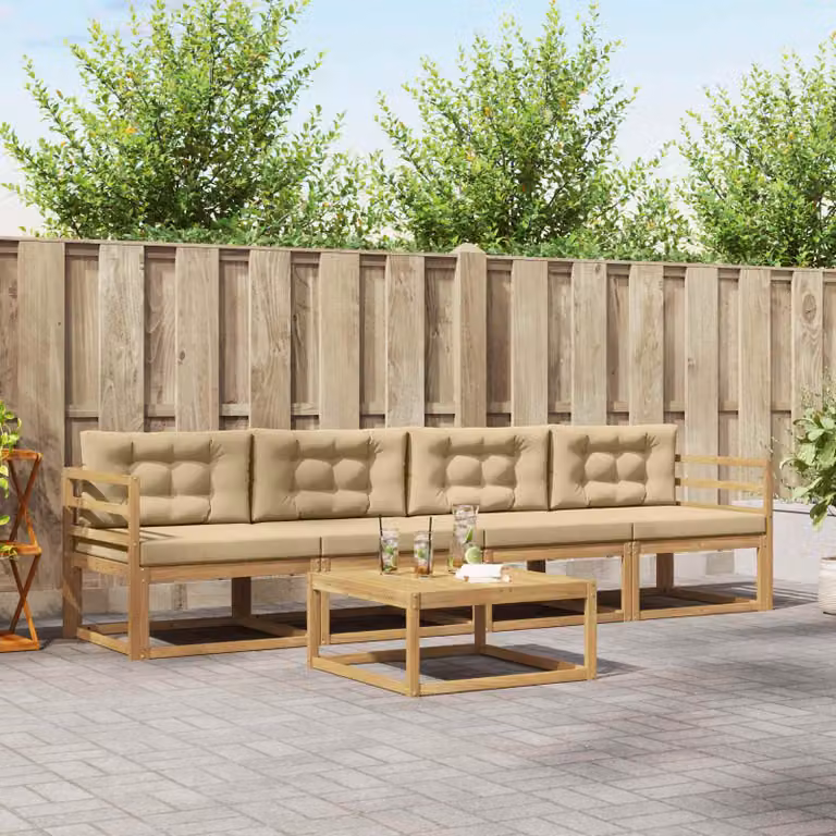 Set di mobili da esterno vidaXL composto da divano a 3 posti, poltrone e tavolino in legno di acacia con cuscini, colori bianco, beige e marrone