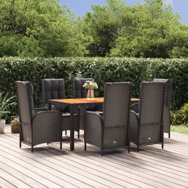 Set da pranzo da giardino vidaXL in legno di acacia oliato e polyrattan nero con 7 pezzi