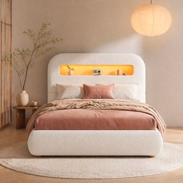 Letto imbottito 90 x 200 cm con contenitore idraulico; LED con app; rete a doghe; bouclé bianco