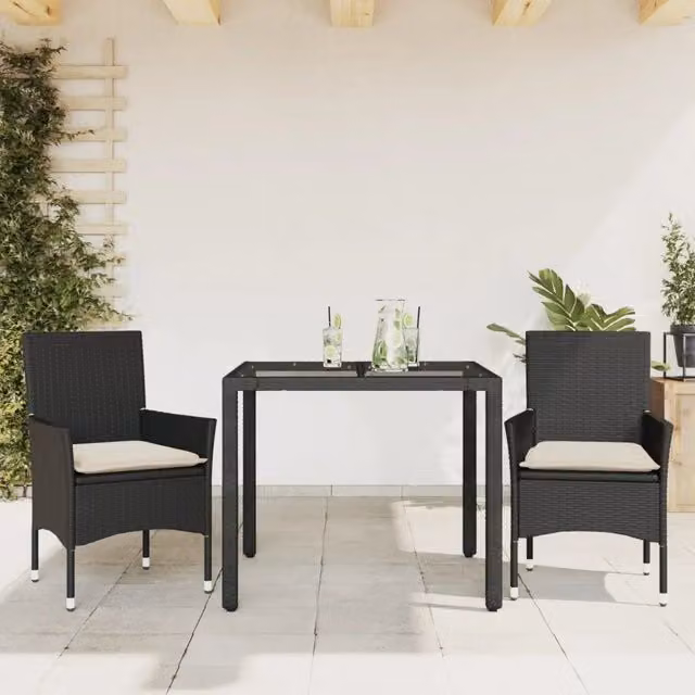 Set da Pranzo da Giardino 3 pz vidaXL in Polyrattan con Vetro e Cuscini Disponibile in Nero o Bianco