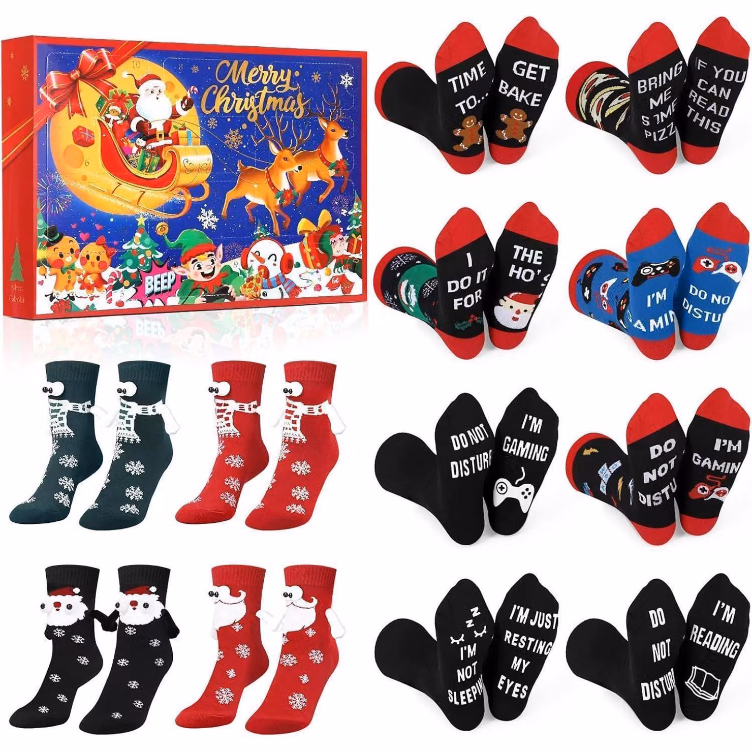 Calendario dell'Avvento 2024 per calze, 12 paia, cotone, unisex, con scritte divertenti