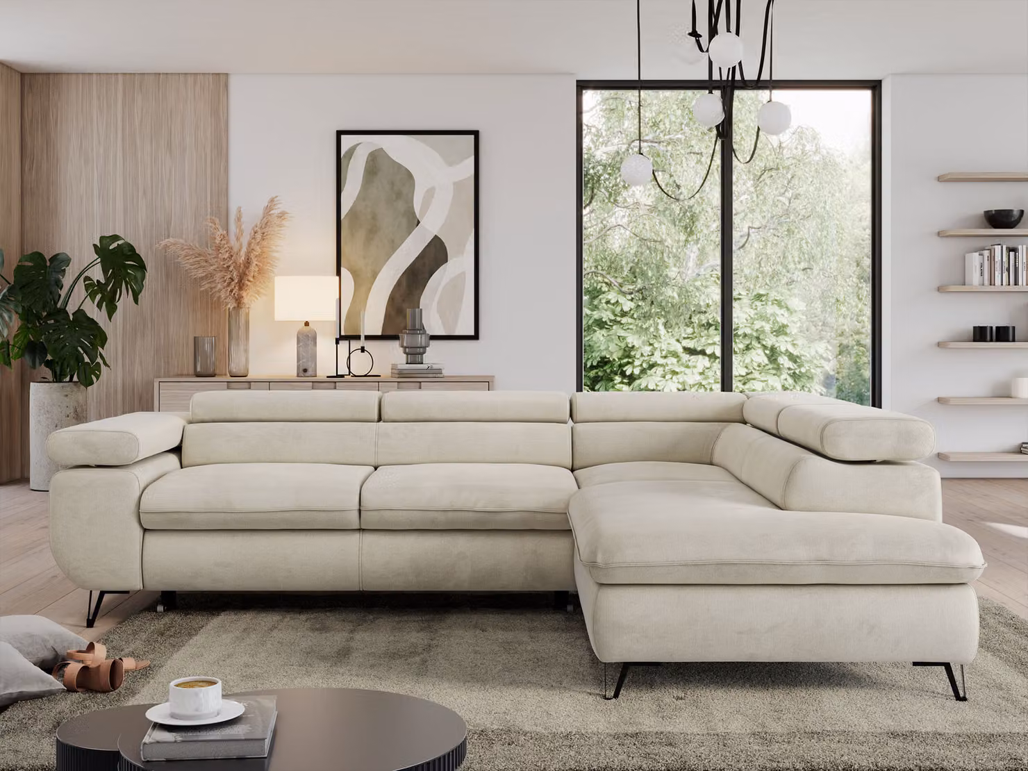 Divano angolare con rete, poggiatesta regolabili, funzione sleep, divano angolare a L - PEDRO L - Velluto - Beige - Destra