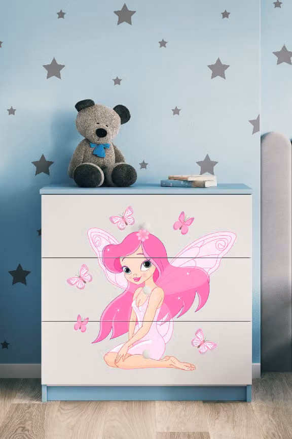 Cassettiera per bambini elfo con farfalle nel colore blu Babydreams