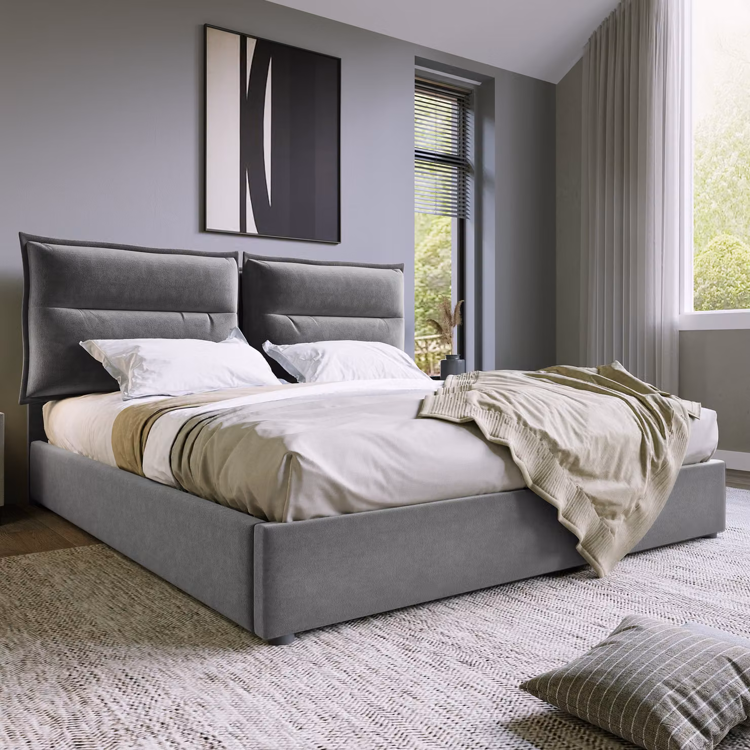 MODFU, letto imbottito 140x200 cm, letto funzionale con sistema idraulico, schienale regolabile e spazio contenitore, rete a doghe in struttura metallica. Letto matrimoniale "da sogno" in velluto (senza materasso), colore grigio