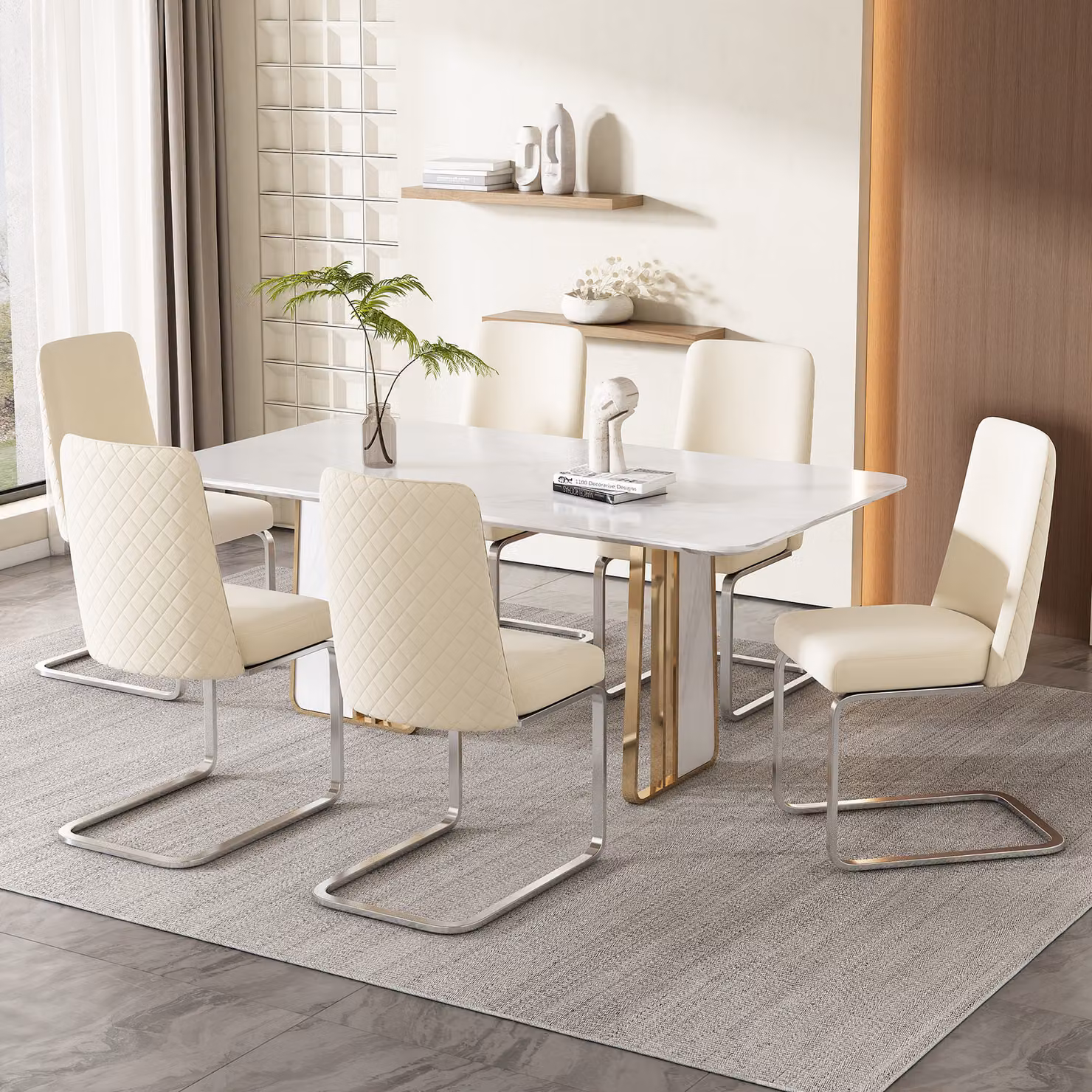 Set di 6 sedie a sbalzo Flieks, sedie per sala da pranzo con gambe in metallo argentato, sedie imbottite con rivestimento in velluto, sedie da cucina sedia da soggiorno, beige
