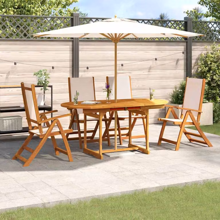 Set Pranzo da Giardino vidaXL in Legno di Acacia e Textilene, 5 Pezzi, Marrone e Beige, Tavolo Rettangolare Estensibile con Piano a Farfalla