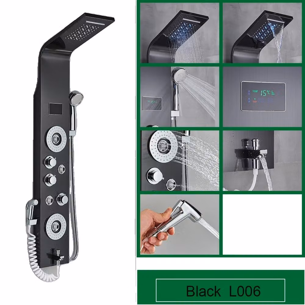 Pannello doccia per bagno, display a LED della temperatura, getti massaggianti SPA, nero 8006
