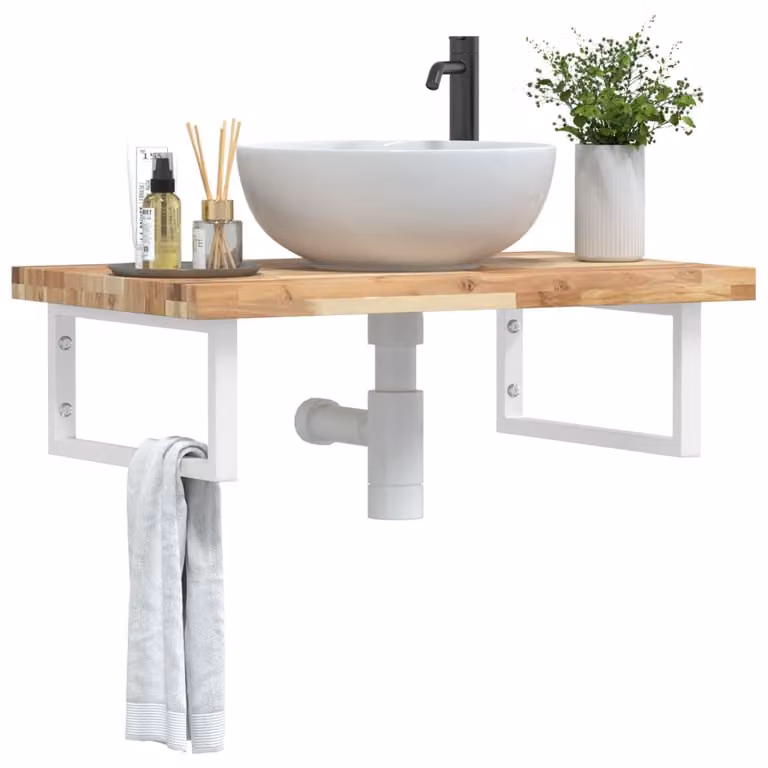 vidaXL Ripiano a Parete per Lavabo in Accacia e Metallo, Bianco e Marrone, L: 50 cm, P: 24 cm, H: 3 cm