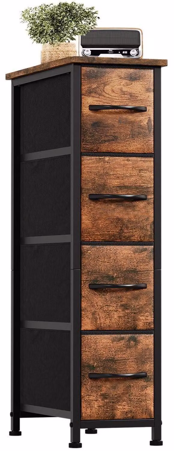 Comodino con 4 cassetti rivestiti in tessuto, finitura effetto legno, dimensioni 48x20x75 cm