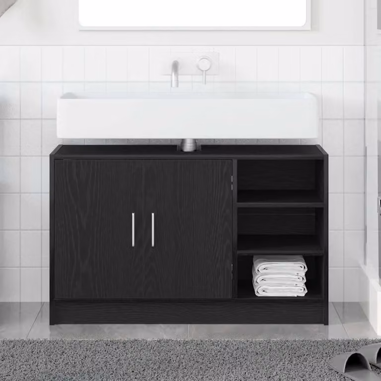Mobile da bagno vidaXL in legno nero con ante a battente e ripiani interni L: 90 cm, P: 29 cm, H: 55 cm