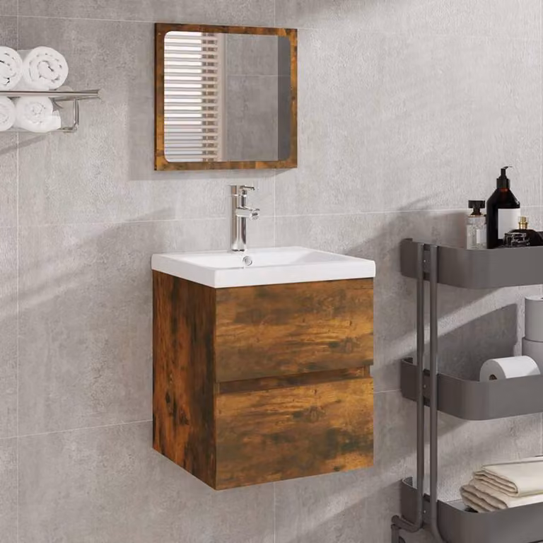 Mobile da bagno sospeso vidaXL con specchio in legno MDF color rovere fumo marrone con cassetti e ante, L: 41.0 cm, P: 38.5 cm, H: 45.0 cm
