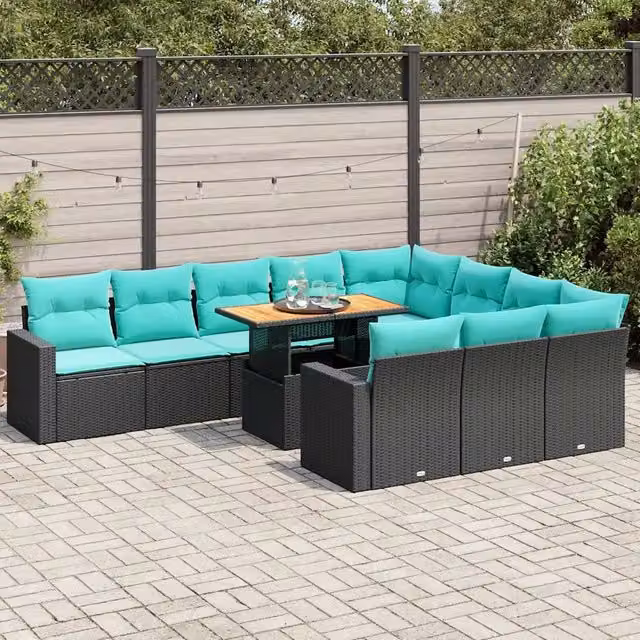 Set di Divani da Giardino vidaXL a Forma di U composto da 11 Pezzi con Cuscini Blu e Struttura in Metallo Nero e Legno di Acacia – 1