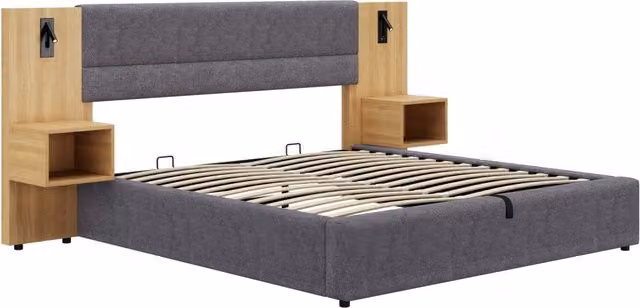 Letto con contenitore 160x200 cm in velluto grigio, sistema idraulico, illuminazione e porte USB, con due comodini naturali e rete a doghe in legno