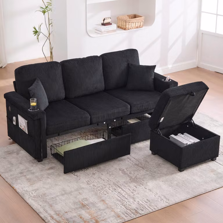 LVHOM Divano angolare modulare con LED e USB, divano a 3 posti con pouf e cassetti, divano imbottito in tessuto a coste, nero