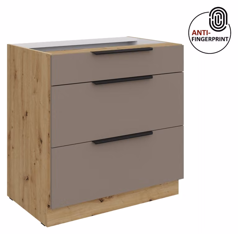 Mobile base da cucina da 80 cm, cucina ARIA grigio sabbia ultra opaco + rovere Artisan opaco, frontali di alta qualità con rivestimento anti-impronta, mobile da cucina con chiusura ammortizzata
