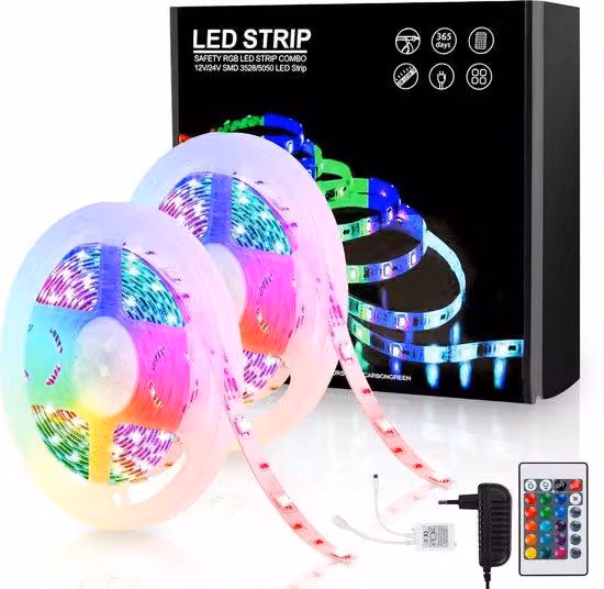 Strisce LED da 10 metri - 2 x 5 metri - RGB 5050 SMD - 300 LED - Dimmerabili - Autoadesive - Con telecomando - 24 tasti - Con connettore per batteria