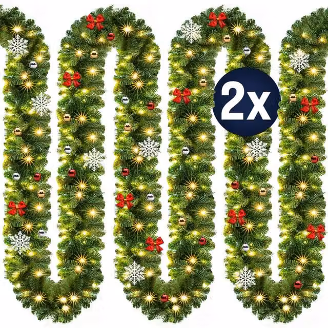 Set di 2 Ghirlande di Natale Casaria con LED Warm White e Colore Verde, Lunghezza Totale 10m, Protezione IP44 – 1