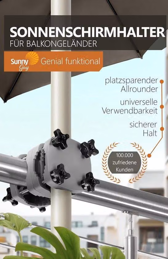 Supporto per ombrellone da balcone per ringhiera - rettangolare fino a 210 x 150 cm, rotondo fino a 270 cm - supporto compatto per ombrellone da balcone